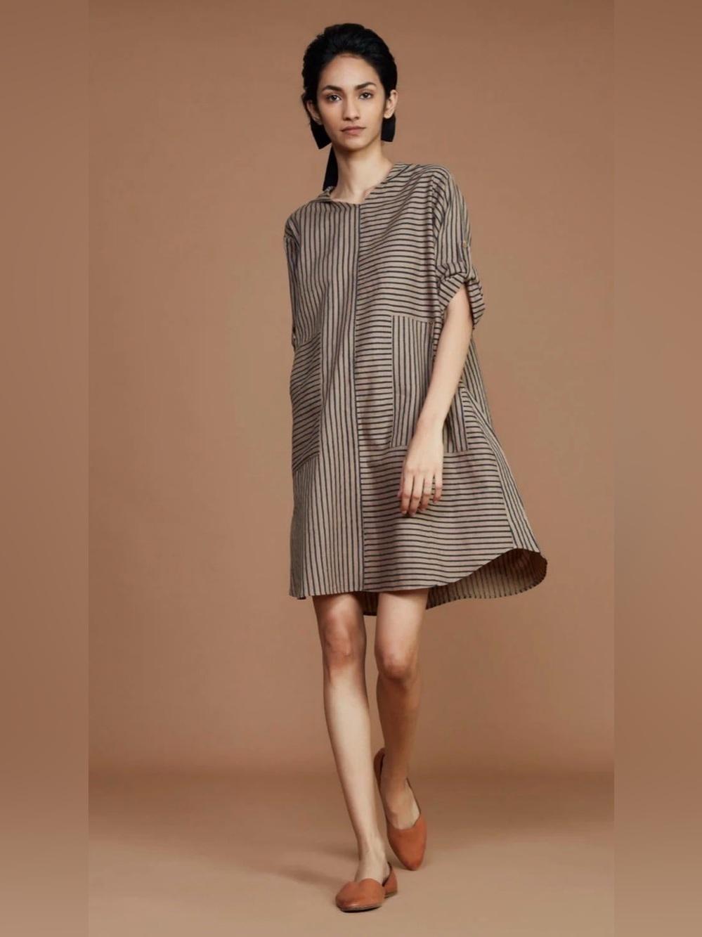MATI Handwoven Cotton Brown Charcoal Stripes Hooded Mini Dress Ethical XXL Boho